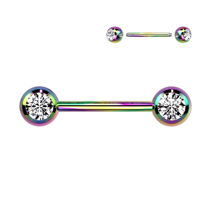 Rainbow Steel Titanium IP Clear Gem Nipple Bar 14g