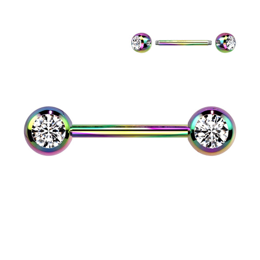 Rainbow Steel Titanium IP Clear Gem Nipple Bar 14g
