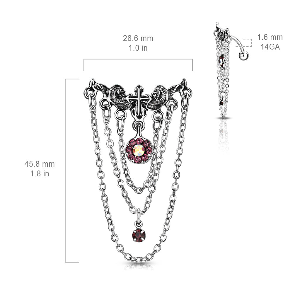 Reverse Drop Cross and Chain Belly Button Bar 14g dimensions