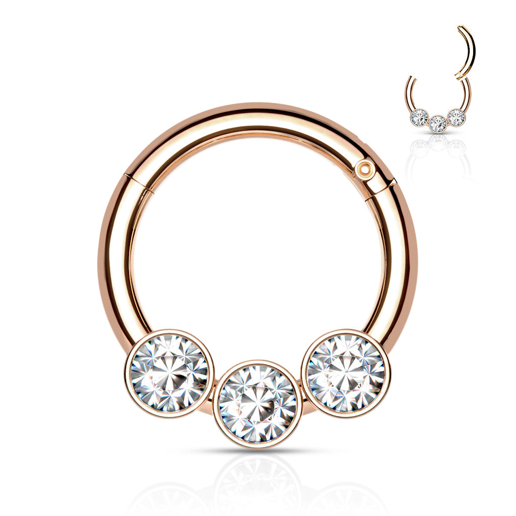 Rose Gold 3 Bezel Set Clear Gems Hinged Clicker Ring 16g