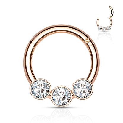 Rose Gold 3 Bezel Set Clear Gems Hinged Clicker Ring 16g