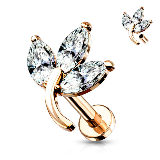 Rose Gold 3 Marquise Gem Leaf Flat Back Stud 16g
