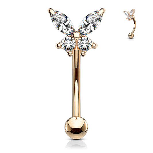 Rose Gold Clear Gem Butterfly Curved Piercing Barbell 16g