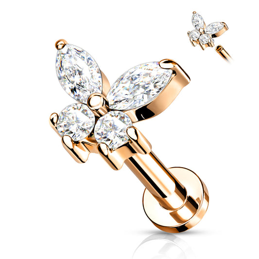 Rose Gold Clear Gem Butterfly Internally Threaded Flat Back Stud 16g