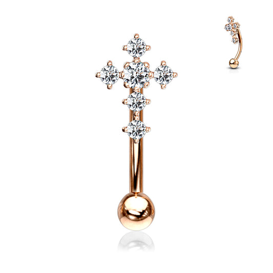 Rose Gold Clear Gem Cross Curved Piercing Barbell 16g
