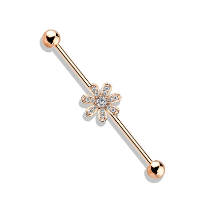 Rose Gold Gem Flower Steel Industrial Barbell 14g