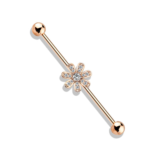 Rose Gold Gem Flower Steel Industrial Barbell 14g