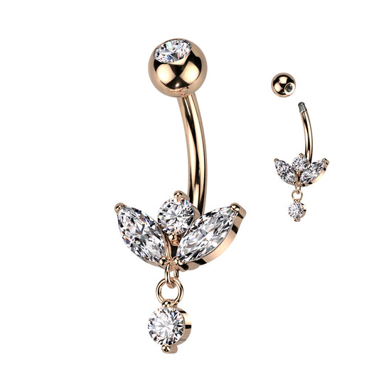 Rose Gold Marquise Gem Dangle Belly Button Bar 14g