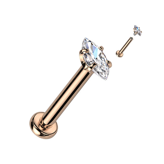 Rose Gold Marquise Gem Internally Threaded Flat Back Stud 16g