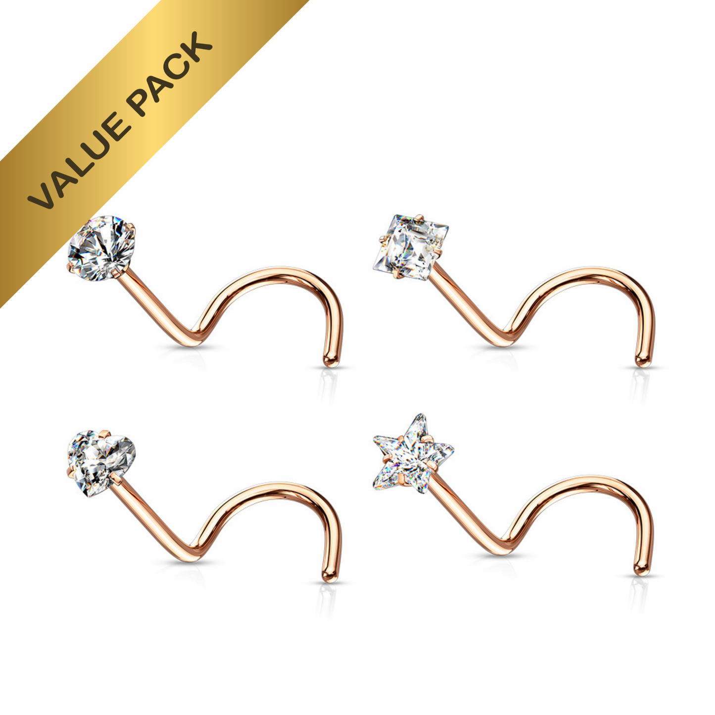 Rose Gold Prong Set Clear Gem Nose Screws 20g