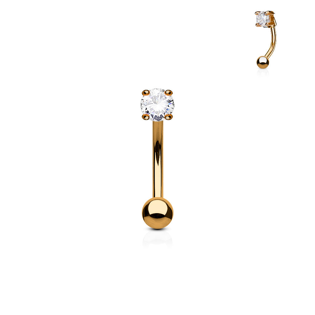 Rose Gold Round Prong Clear Gem Curved Bar 16g