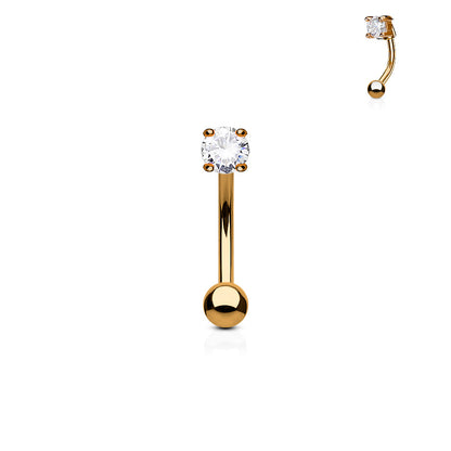 Rose Gold Round Prong Clear Gem Curved Bar 16g
