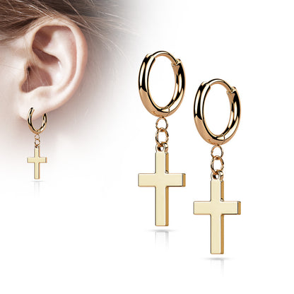 Rose Gold Surgical Steel Cross Dangle Earrings (pair)