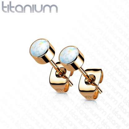 Rose Gold Titanium Bezel Set White Opal Stud Earrings