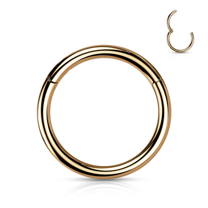 A rose gold titanium hinged clicker ring, showing both the entire hoop and a close-up of the hinged mechanism.
