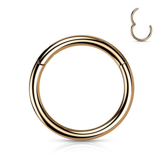 A rose gold titanium hinged clicker ring, showing both the entire hoop and a close-up of the hinged mechanism.
