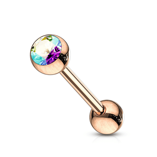 Rose Gold Tongue Piercing Bar with Aurora Borealis Gem