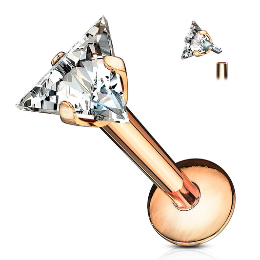 Rose Gold Triangle Gem Internally Threaded Flat Back Stud 16g
