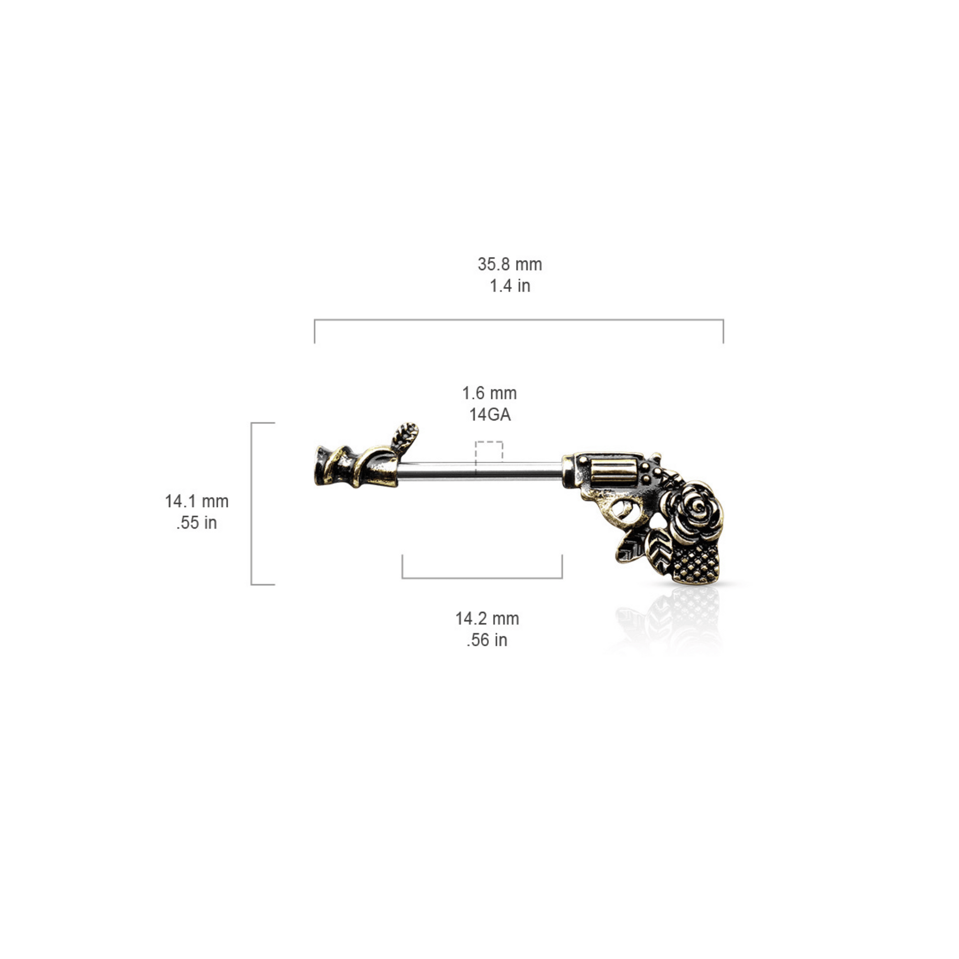 Rose Pistol Nipple Piercing Bar dimensions