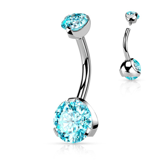 Round Aqua Blue Gem Internally Threaded Belly Button Bar