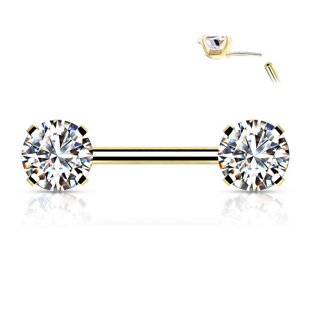 Gold Round Clear Gems Threadless Nipple Bar 14g