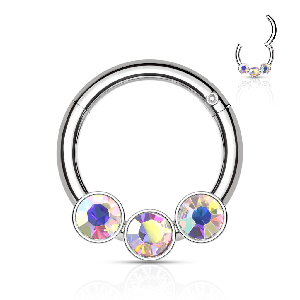 Silver 3 Bezel Set AB Gems Hinged Clicker Ring 16g