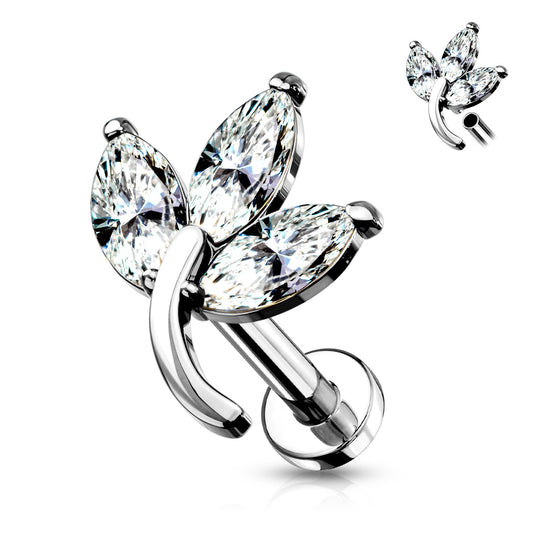 Silver 3 Marquise Gem Leaf Flat Back Stud 16g