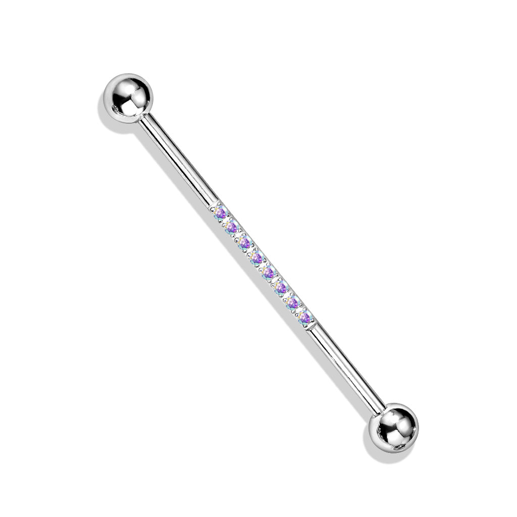 Silver AB CNC Lined Gem Steel Industrial Barbell 38mm