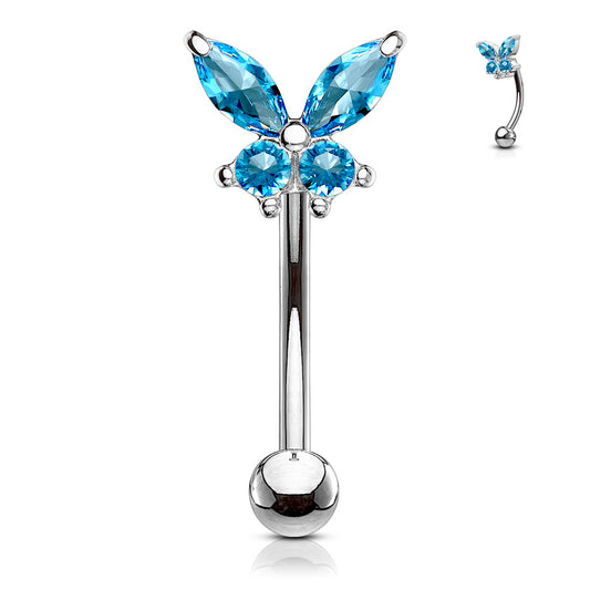 Silver Aqua Blue Gem Butterfly Curved Piercing Barbell 16g