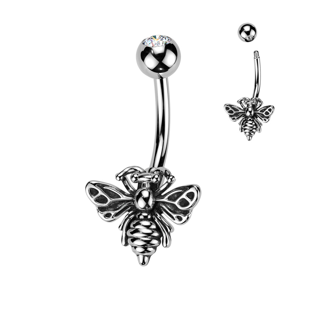 Silver Bee Belly Button Banana Bar with Gem