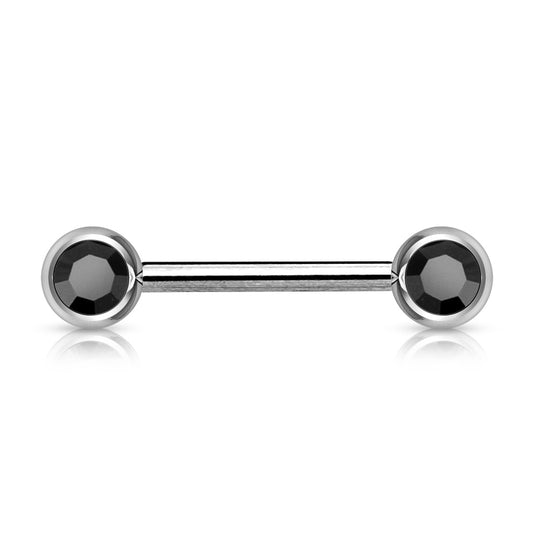 Silver Black Gem Ball Straight Nipple Barbell 14g