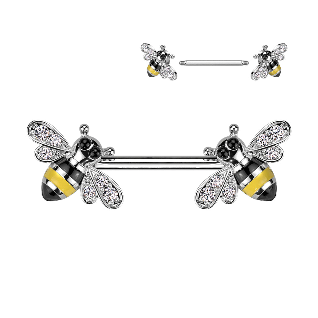 Silver Bumble Bee Gem Nipple Bar 14g