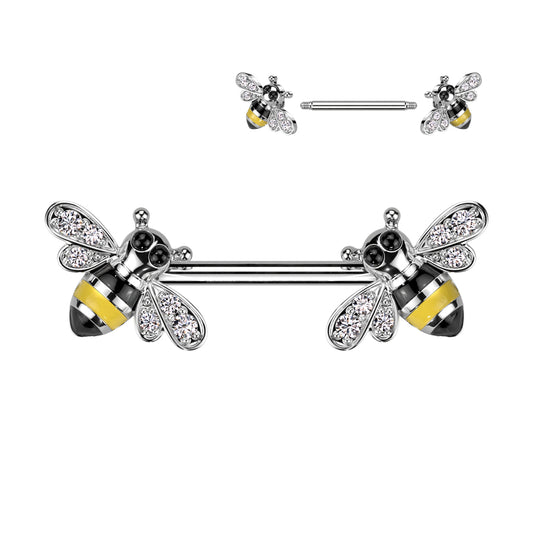 Silver Bumble Bee Gem Nipple Bar 14g