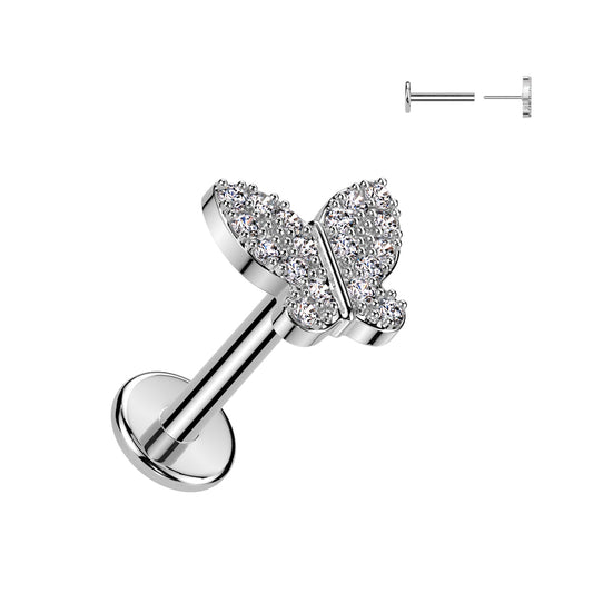 Silver CZ Butterfly Threadless Flat Back Stud 20g-16g