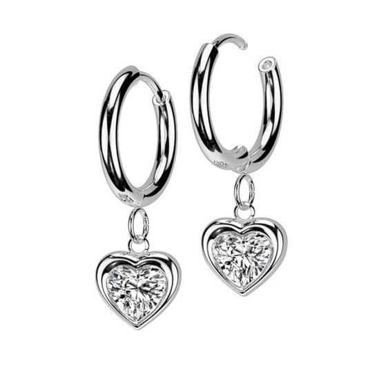 Silver CZ Heart Dangle Hoop Earrings