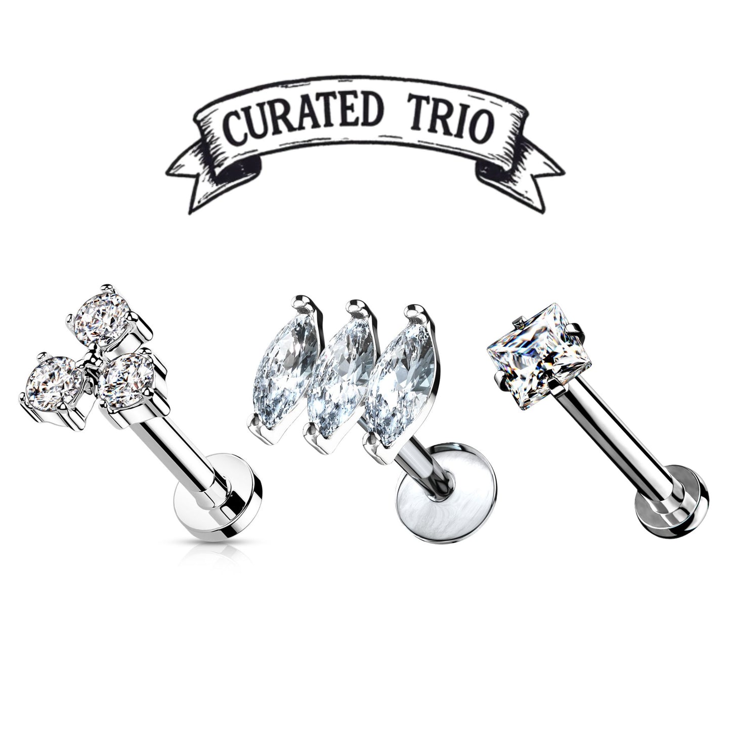 Silver Clear Fancy Gem Flat Back Curated Trio 16g - 3 Pack
