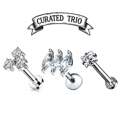 Silver Clear Fancy Gem Flat Back Curated Trio 16g - 3 Pack