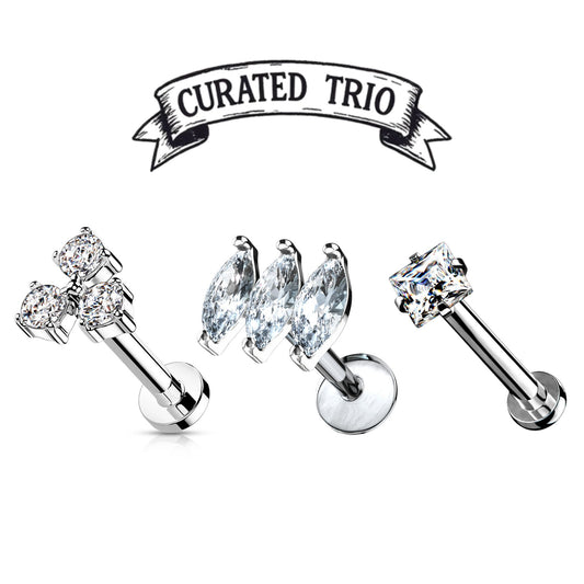 Silver Clear Fancy Gem Flat Back Curated Trio 16g - 3 Pack