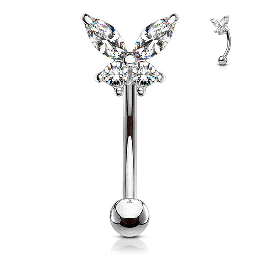 Silver Clear Gem Butterfly Curved Piercing Barbell 16g