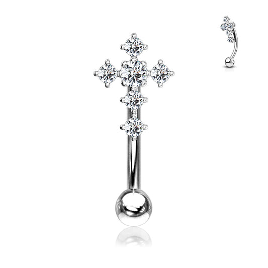 Silver Clear Gem Cross Curved Piercing Barbell 16g