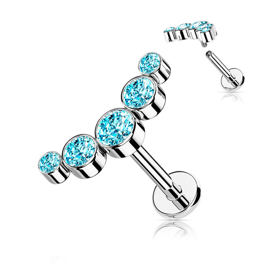 Silver Curved Helix Flat Back Stud with 5 Blue Bezel-Set Gems