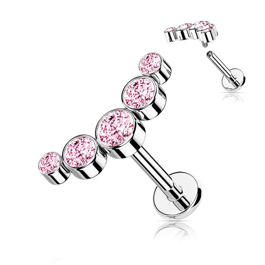 Silver Curved Helix Flat Back Stud with 5 Pink Bezel-Set Gems