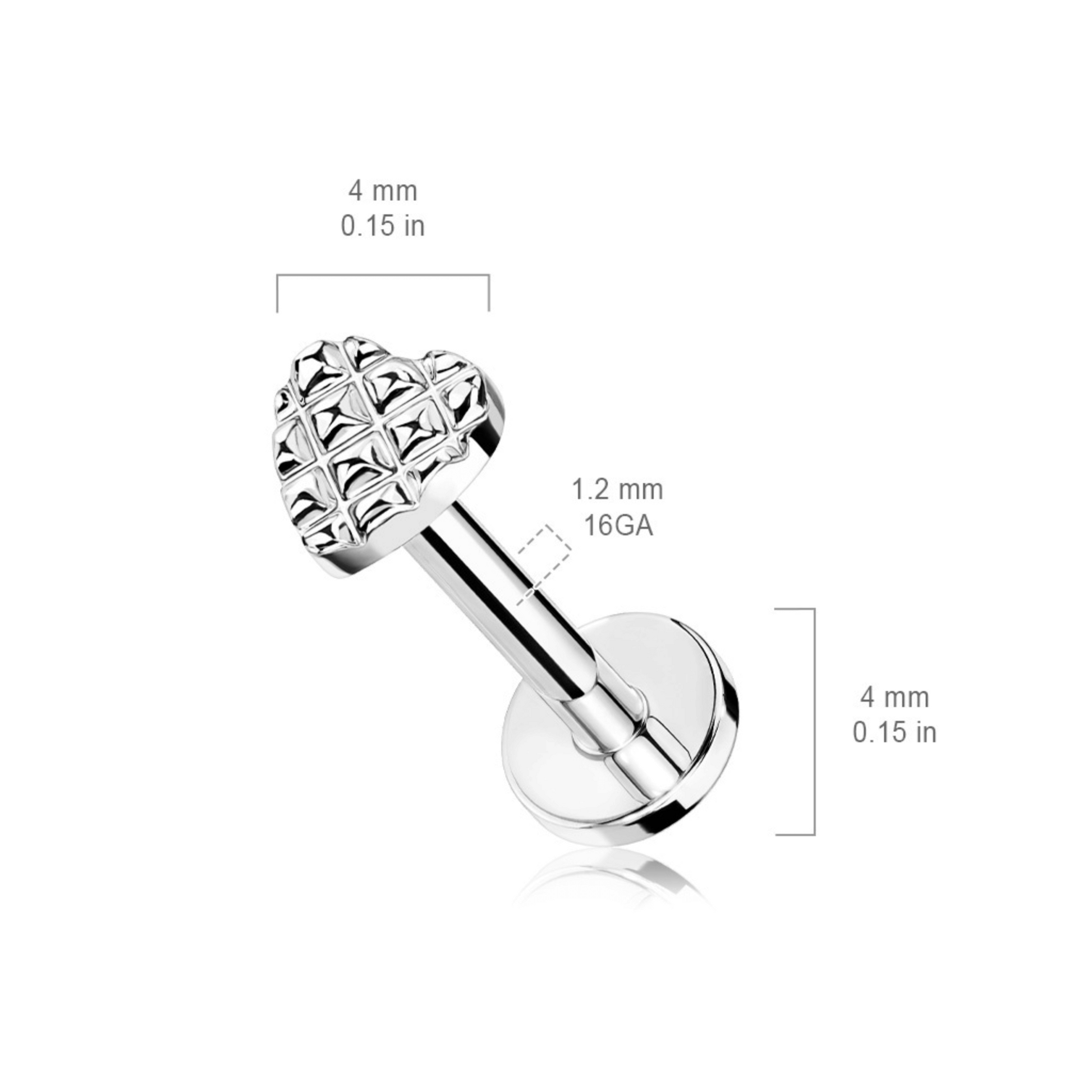 Silver Diamond Embossed Heart Flat Back Earring Dimensions