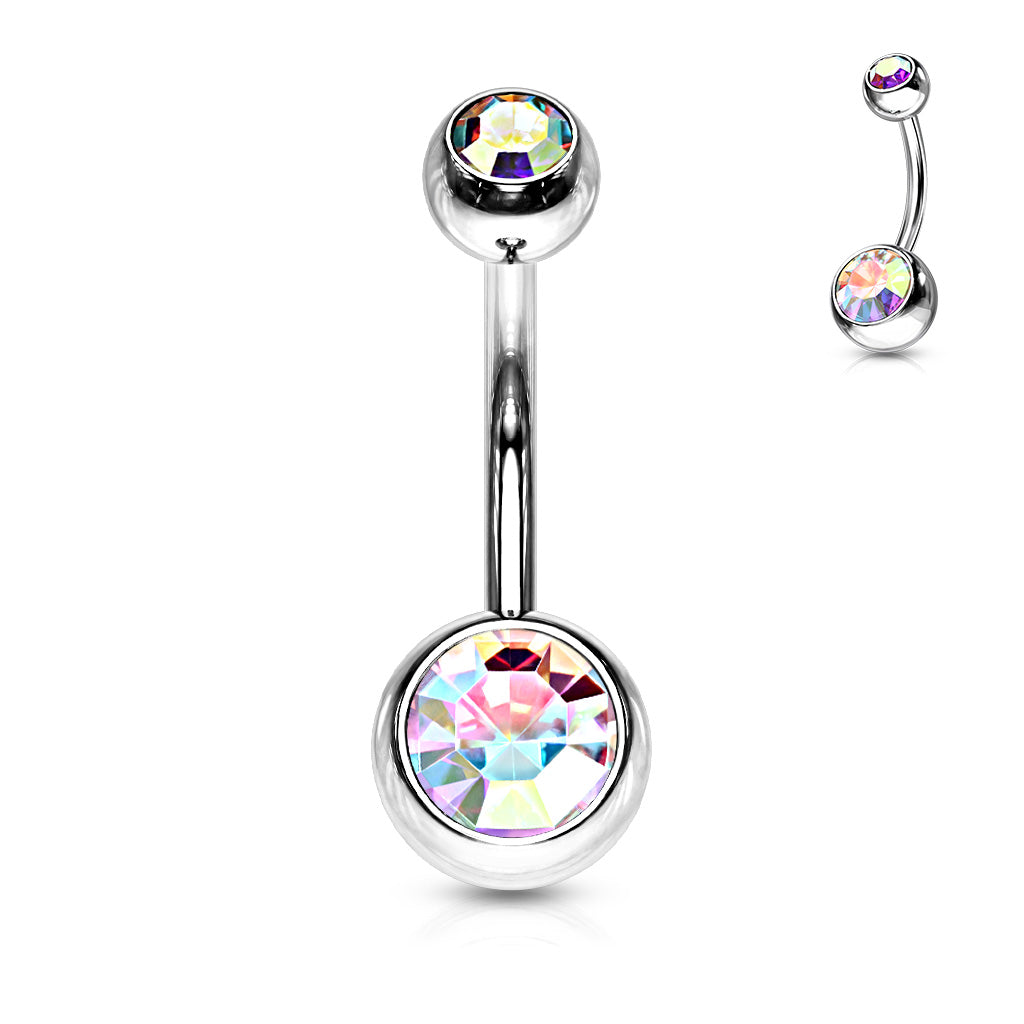 Silver Double Aurora Borealis Gem Belly Button Bar 14g