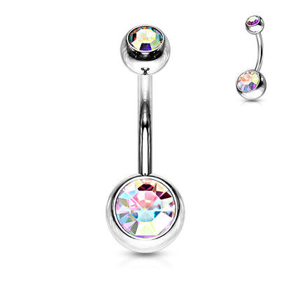 Silver Double Aurora Borealis Gem Belly Button Bar 14g