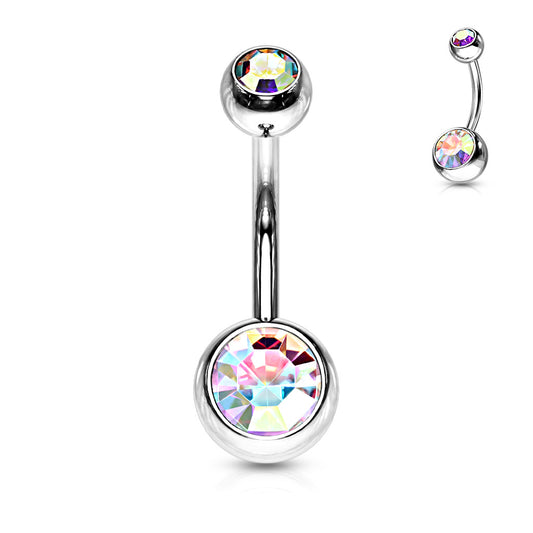 Silver Double Aurora Borealis Gem Belly Button Bar 14g