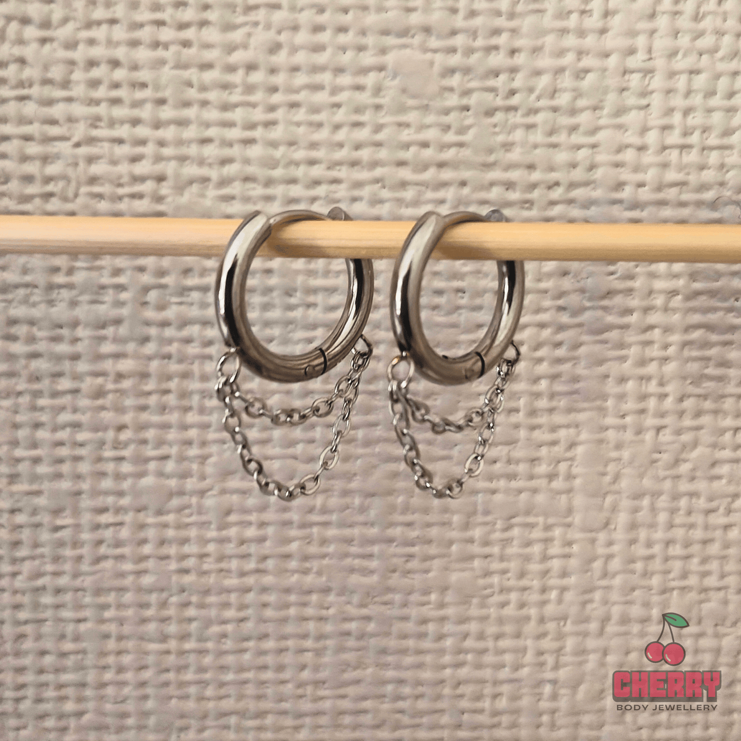 Silver Double Chain Dangle Hoop Earrings display