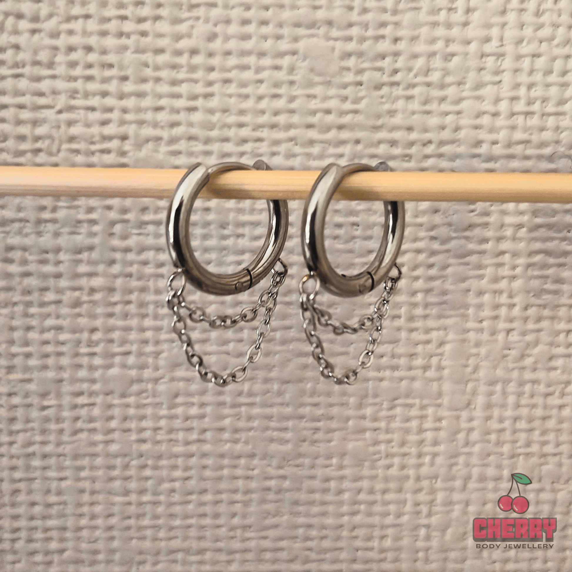 Silver Double Chain Dangle Hoop Earrings display