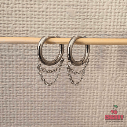 Silver Double Chain Dangle Hoop Earrings display