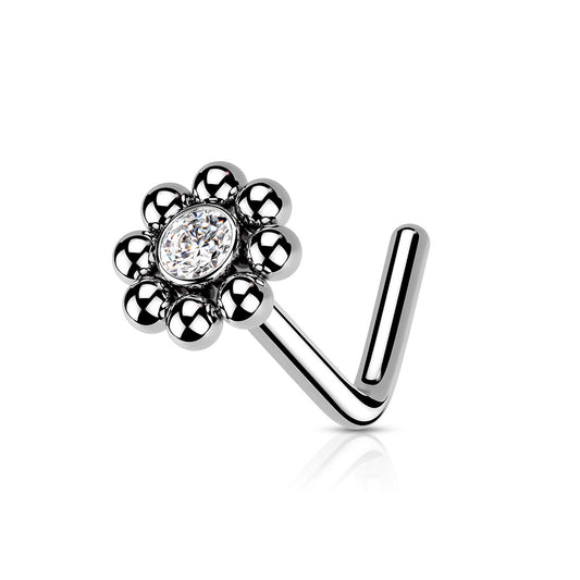 Silver Flower Ball Edge 'L' Bend Nose Stud 
